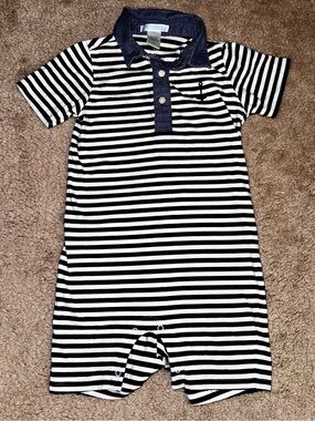 Janie and Jack Striped Navy & White Polo Romper with Navy Collar